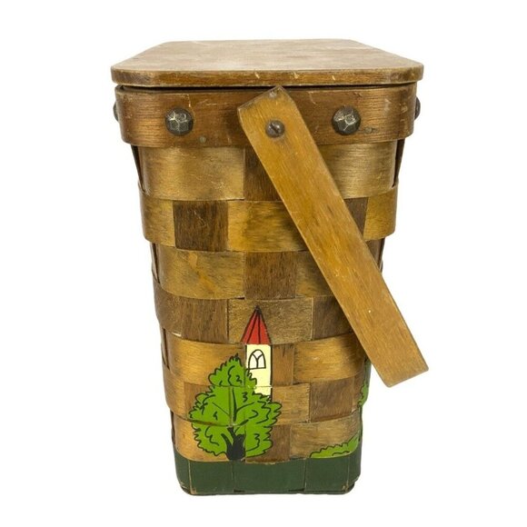 Gary Gail Dallas Vintage 1970s Woven Wood Basket Purse Hand-Painted Cityscape - Picture 4 of 9